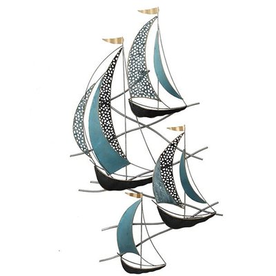 Décoration murale en métal verticale 4 bateaux couleur bleu, noir et or PIER IMPORT