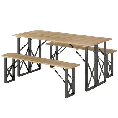 Ensemble table et 2 bancs en bois et acier 6 personnes espace parasol OUTSUNNY