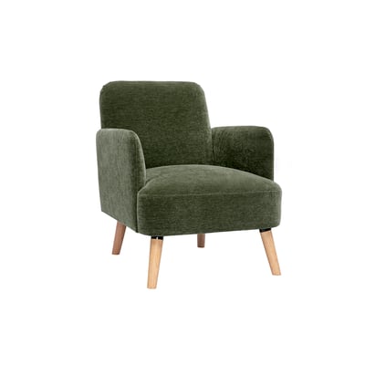 Fauteuil scandinave en tissu effet velours vert kaki et bois clair ISKO MILIBOO