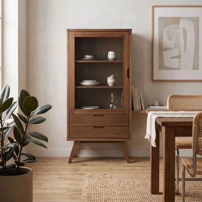 Vitrine scandinave en chêne fumé 1 porte 2 tiroirs - ALISIA HELLIN, DEPUIS 1862