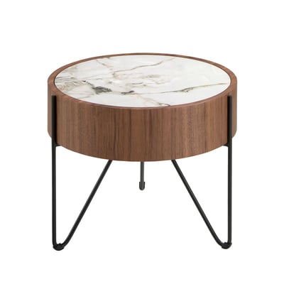 Table d'angle ronde en marbre porcelaine, noyer et acier ANGEL CERDA