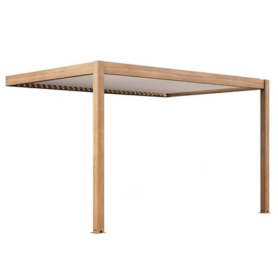 Pergola bioclimatique 4x3m adossée motorisée en aluminium effet bois toit blanc avec éclairage LED, THEBES OVIALA