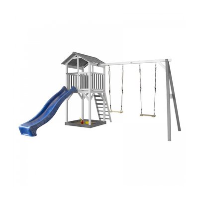 AXI Structure de jeu Beach Tower Gris Blanc avec 2 balancoires et toboggan Bleu AXI HOUSE