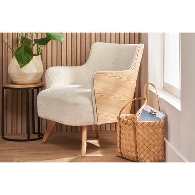 Fauteuil scandinave en tissu effet laine bouclée blanc cassé et bois clair VALMY MILIBOO