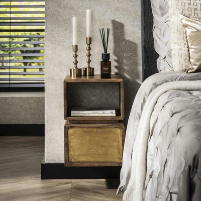 Table de nuit murale en bois de manguier forme cube, 1 tiroir finition cuivrée VARA PIER IMPORT