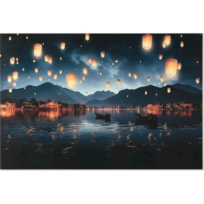 tableau verre trempé paysage lac lanternes flottantes RECOLLECTION