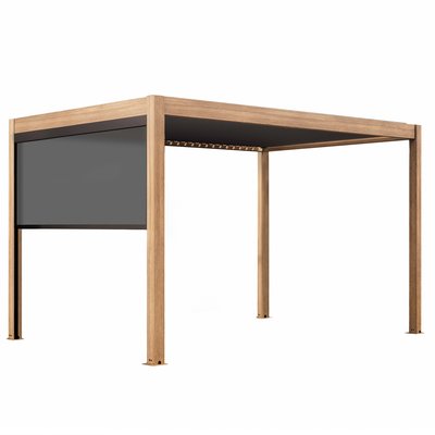 Pergola bioclimatique autoportée 4x3m motorisée/éclairée effet bois toit gris en aluminium avec 1, 2 ou 3 stores, KAVALA OVIALA
