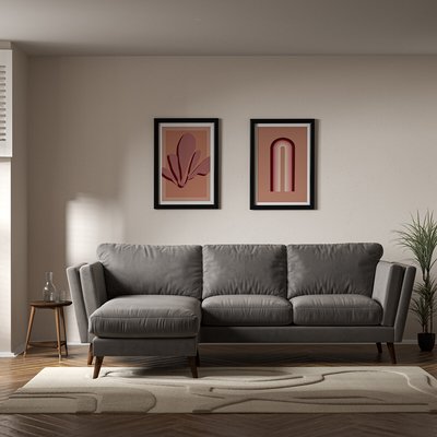 Frida Contemporary Velvet Corner Chaise Feather Sofa - Left facing with Dark Wood Legs SO'HOME