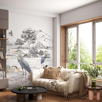 Papier peint panoramique avec paysage naturel et hérons - 255x260 cm (l x h) LA TOUCHE ORIGINALE