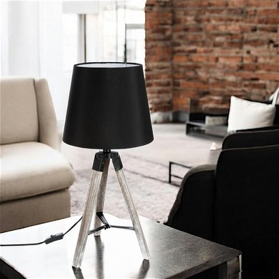 Lampe en bois grisé forme trépied et abat-jour coton noir D28xH58cm PIER IMPORT