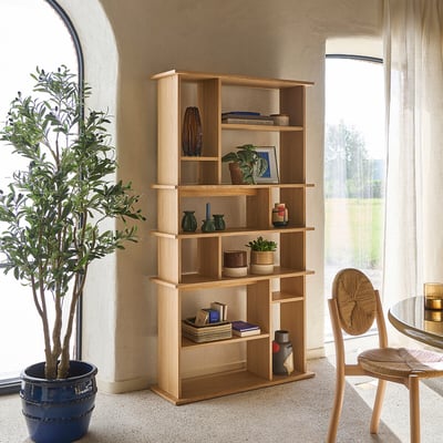 Bibliothèque asymétrique, en plaqué chêne, 12 niches, hauteur 180 cm, ABAC LA REDOUTE INTERIEURS