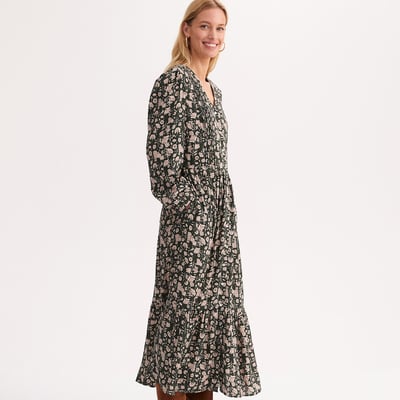 Vestido comprido com folhos, estampado floral e mangas compridas ANNE WEYBURN