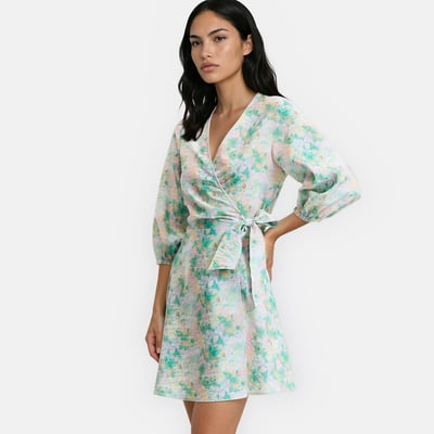 Floral Print 3/4 Length Sleeve Wrapover Mini Dress LA REDOUTE COLLECTIONS