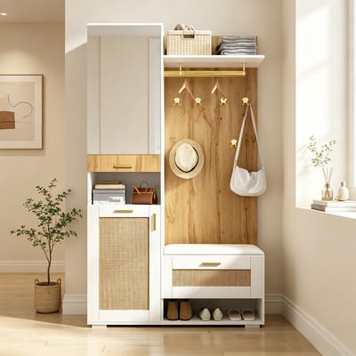 Vestiaire d'entrée avec miroir banc et rangement, PORTER-K MEUBLES COSY
