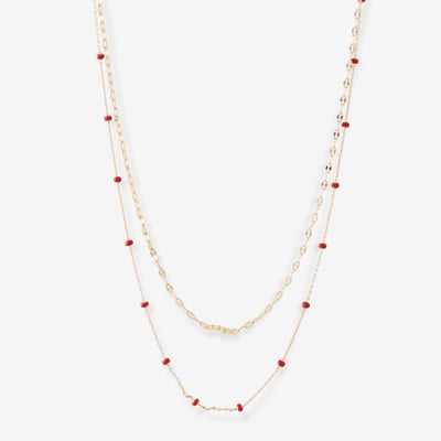 Collier 2 rangs chaînes fines et perles rouges BALABOOSTE