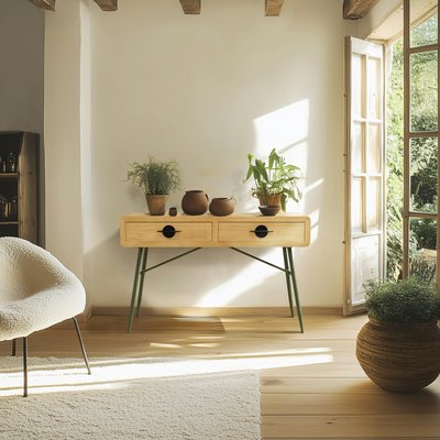 Console bois clair et pieds métal vert BAGAN PIER IMPORT