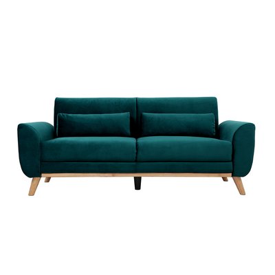 Canapé scandinave 3 places en tissu effet velours texturé taupe et bois clair EKTOR MILIBOO