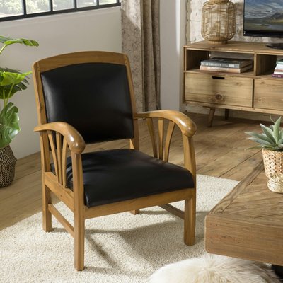 Fauteuil exotique bois et cuir noir DIKA PIER IMPORT