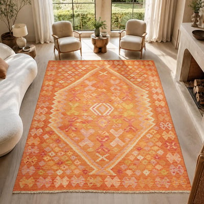 Tapis kilim au motif ethnique, tissé plat en laine naturelle UN AMOUR DE TAPIS