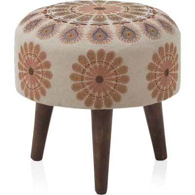 Pouf rond tissu brodé  pieds bois style bohème RECOLLECTION