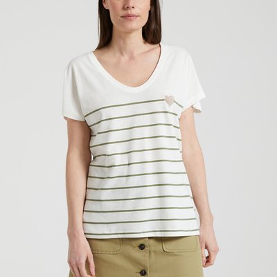 Striped Cotton T-Shirt with Heart Print on Front ONLY
