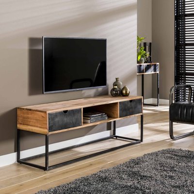 Meuble TV industriel 140 cm bois massif 2 tiroirs BUNBURY PIER IMPORT