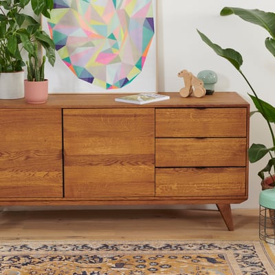 Buffet bas rétro en bois chêne 2 portes 3 tiroirs L160 noir - MALLET HELLIN, DEPUIS 1862