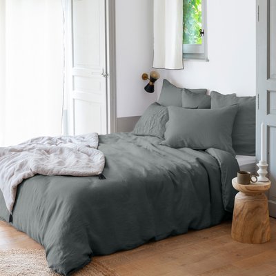 Housse de couette lin et coton lavé SONGE CARRE BLANC