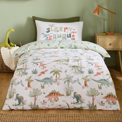 Brushed Sleepy Saurus Dino Cotton Reversible Duvet Cover Set CATHERINE LANSFIELD