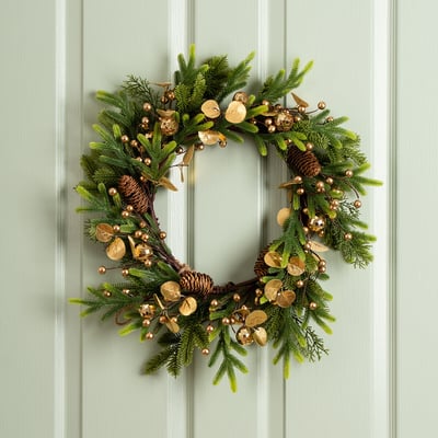 50cm Pine, Mirrorball Gold & Eucalyptus Wreath SO'HOME