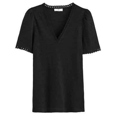 T-shirt col V en lin, détails dentelle LA REDOUTE COLLECTIONS