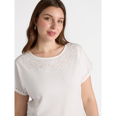 T-shirt à broderie ajourée avec perles autour de l’encolure et au bas des manches FIORELLA RUBINO