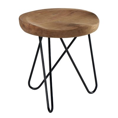 Tabouret en teck massif avec 3 pieds en épingle métal noir D40xH43cm TOWN PIER IMPORT