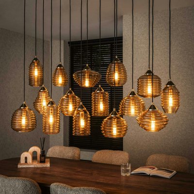 Suspension en verre strié 15 lampes ambrées NOVA PIER IMPORT