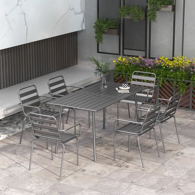 Salon de jardin 6 places 7 pièces - table à manger 6 chaises empilables - acier OUTSUNNY