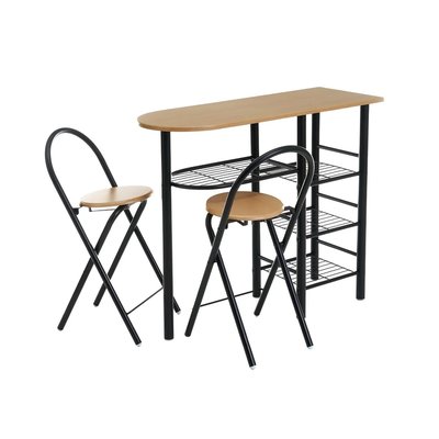 Ensemble Table Bar, Tabourets, Desserte pour petite Cuisine Bois et Noir WADIGA
