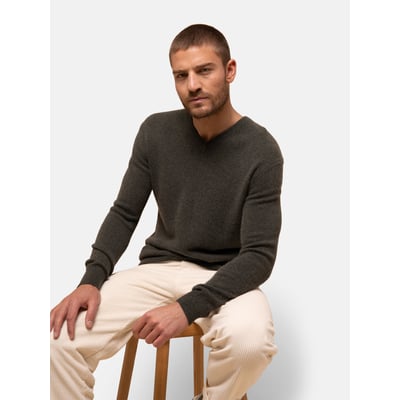 Pull Col V 4 Fils Kaki Chiné Nathan JUST CASHMERE