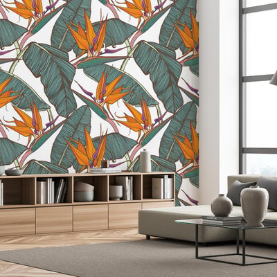 Papier peint panoramique fleurs oranges tropicales HEXOA