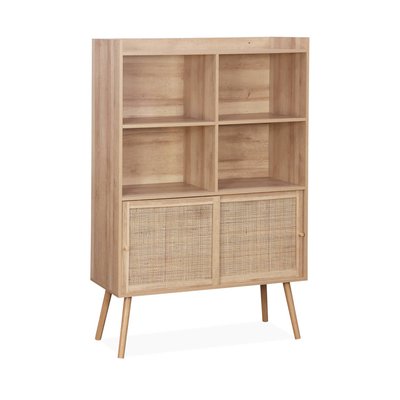 Etagère bibliothèque décor bois et cannage 5 étagères portes coulissantes BOHEME SWEEEK