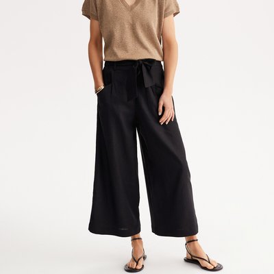 Linen Blend Cropped Trousers with Wide Leg, Length 24.5" ANNE WEYBURN