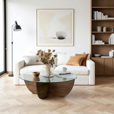 Table basse en verre – pied croix bois brun, 90 cm ANZIO PIER IMPORT