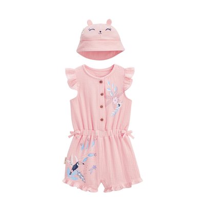 Combishort bébé + chapeau en gaze de coton corail BELLA CHICA PETIT BEGUIN