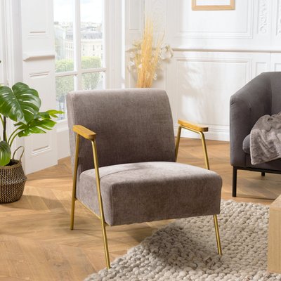 Fauteuil gris foncé en tissu avec accoudoirs bois TIM PIER IMPORT