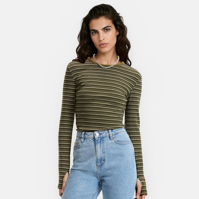 Striped Ribbed Long Sleeve Crew Neck T-Shirt with Built-in Mittens LA REDOUTE COLLECTIONS