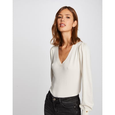 Pull Morgan Femme - Manches Courtes, Col V, Dentelle Épaules | 75% Viscose, 25% Polyamide | Loose Fit