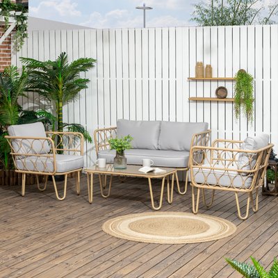 Salon de jardin 4 places 4 pièces style colonial résine tressée aspect rotin OUTSUNNY