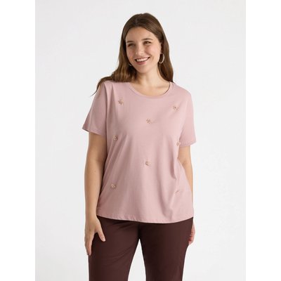 T-shirt en coton avec petite broderie de perles sur le devant, encolure bateau et manches courtes FIORELLA RUBINO
