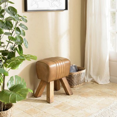 Tabouret cuir havane pieds en bois TIM PIER IMPORT