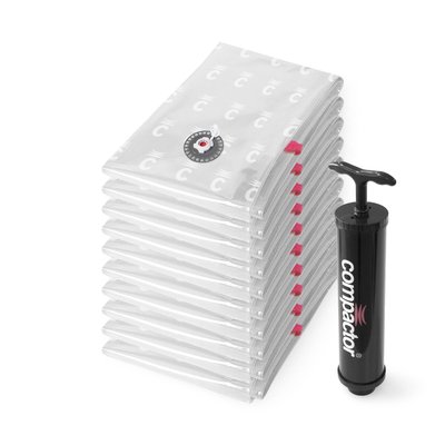 Lot de 10 sacs de rangement sous vide L ASPISPACE +  pompe manuelle COMPACTOR