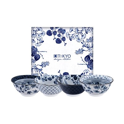 4 Bols Tayo Flora Japonica Porcelaine Bleu Et Blanc Ø14,8 Cm TOKYO DESIGN STUDIO